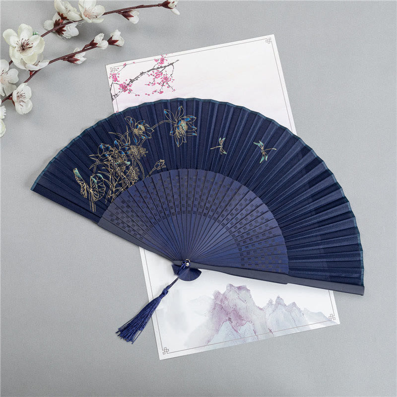 Dragonfly Lotus Fan – Navy fan with gold lotus, butterfly, and dragonfly motifs, silk hand fan