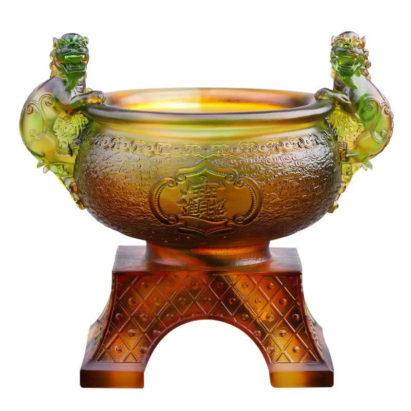 Liuli Crystal PiXiu Bowl – Isolated amber-green liuli PiXiu treasure bowl on white background