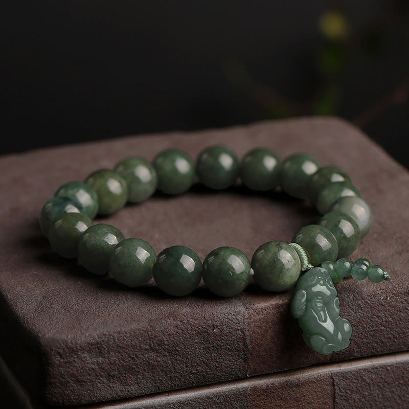 Tibetan Jade PiXiu Prosperity Bracelet – Green jade beads with carved PiXiu on brown stone, abundance luck jewelry