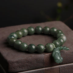 Tibetan Jade PiXiu Prosperity Bracelet – Green jade beads with carved PiXiu on brown stone, abundance luck jewelry