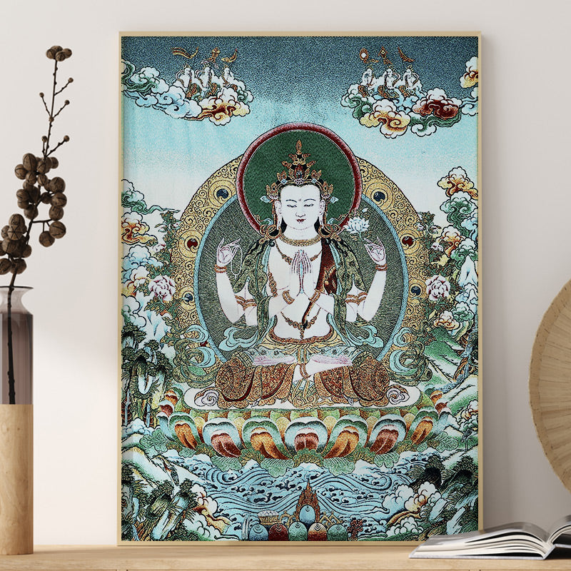 Tibetan Embroidery White Tara Thangka Tapestry – framed view with info panel, full iconography, wisdom art