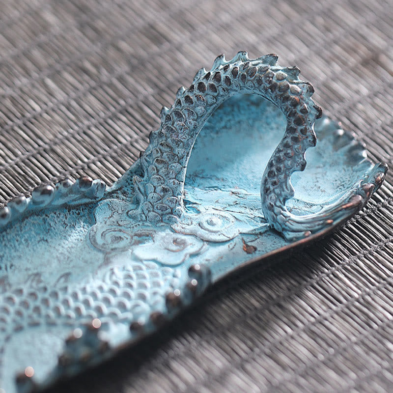 Dragon Alloy Incense Burner - Turquoise tray with scalloped edges and wave motif, elegant