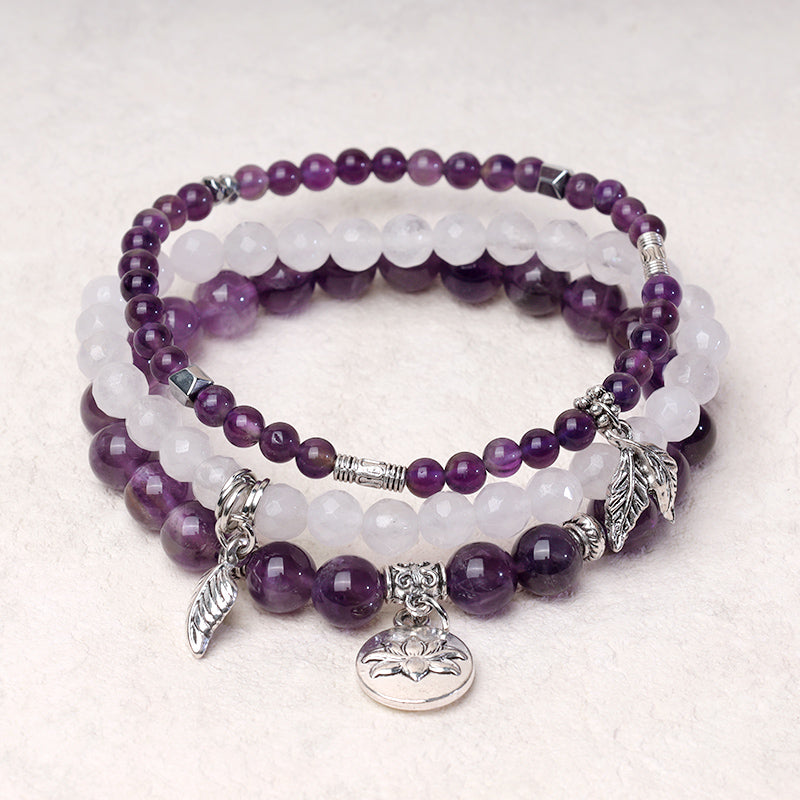 Natural Crystal Bracelet – three-layer amethyst beads with silver leaf pendants on textured linen, healing bracelet