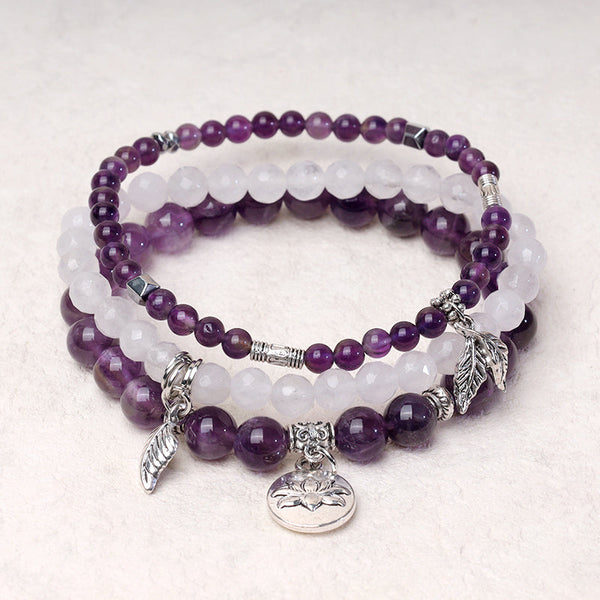 Natural Crystal Bracelet – three-layer amethyst beads with silver leaf pendants on textured linen, healing bracelet