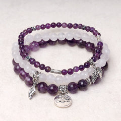 Natural Crystal Bracelet – three-layer amethyst beads with silver leaf pendants on textured linen, healing bracelet