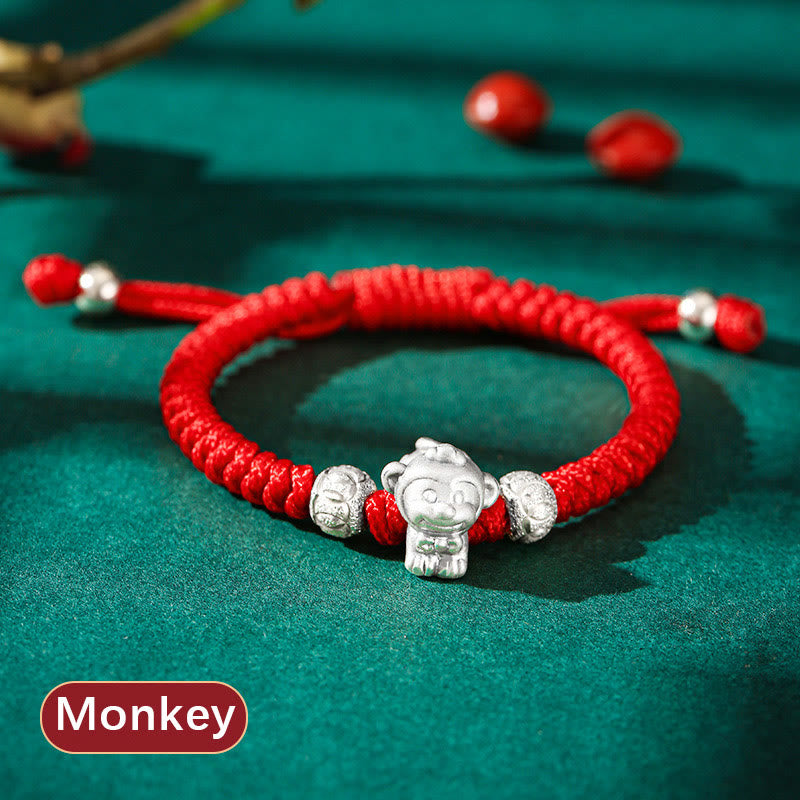 999 Sterling Silver Zodiac Red Rope Kids Bracelet - Rooster charm on red cord with hammered beads, zodiac bracelet