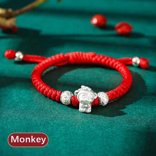 999 Sterling Silver Zodiac Red Rope Kids Bracelet - Rooster charm on red cord with hammered beads, zodiac bracelet