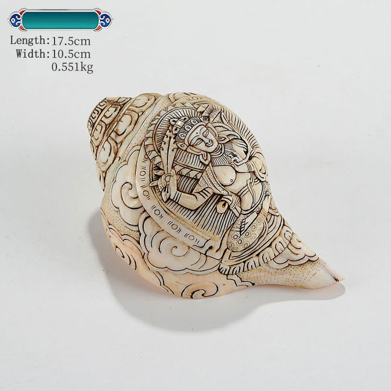Engraved Shankha Wealth Conch – back view with Tibetan wealth mantra border, sacred text shell ornament