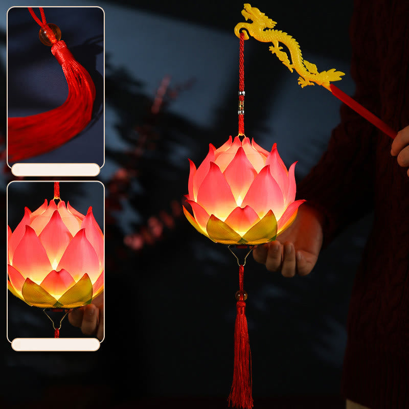 DIY Lotus Dragon Lantern Tassel Lamp – Pink lotus lantern with dragon head stick held at night, Detailed craftsmanship
