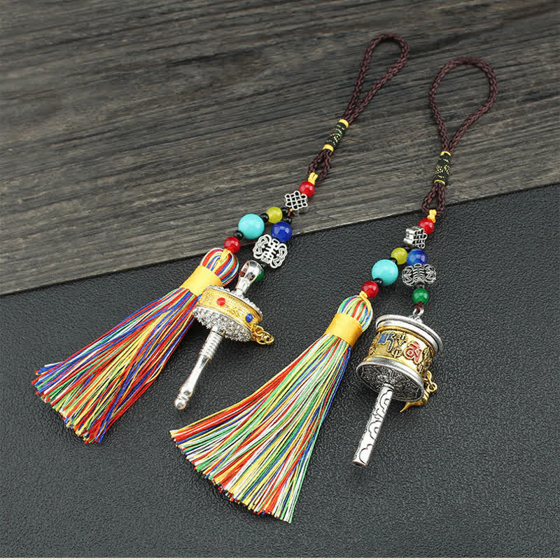 Tibetan Prayer Wheel Tassel – Two mani wheel pendants with rainbow tassels on beaded cords, Buddhist hanging ornament