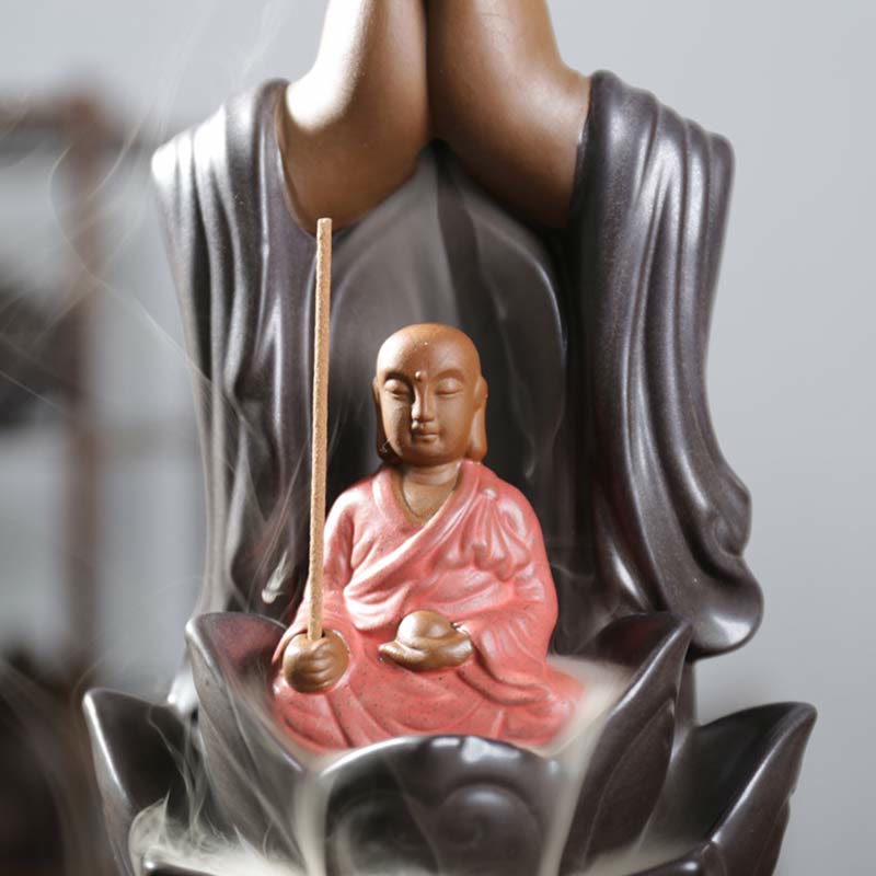 Buddha Lotus Incense Burner – Monk in prayer pose with lotus petals, Mindful gift