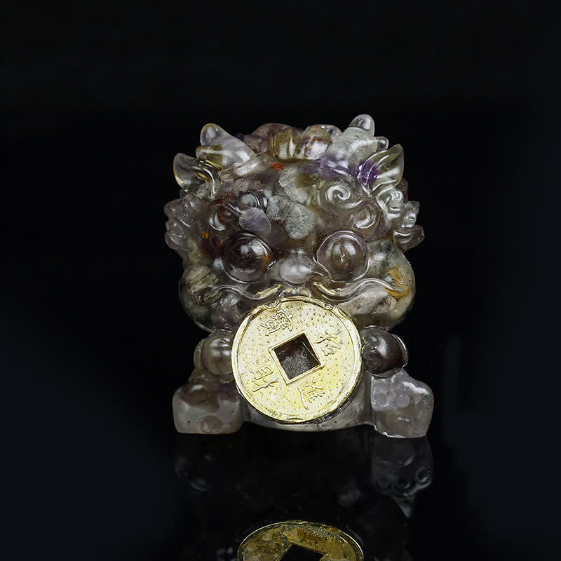 Handmade PiXiu Crystal – Gray purple ametrine front view on black, crystal statue