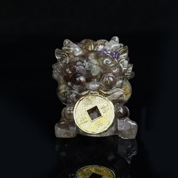 Handmade PiXiu Crystal – Gray purple ametrine front view on black, crystal statue