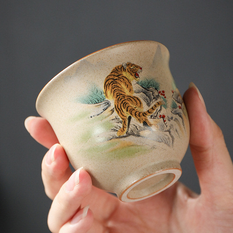 Chinese Zodiac Ceramic Teacup - hand-painted rabbit and bamboo tea cup, speckled beige stoneware