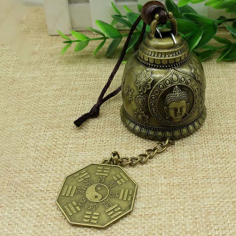 Feng Shui Wind Chime Bell - Buddha head bell with suspended bagua yin-yang pendant, spiritual protection
