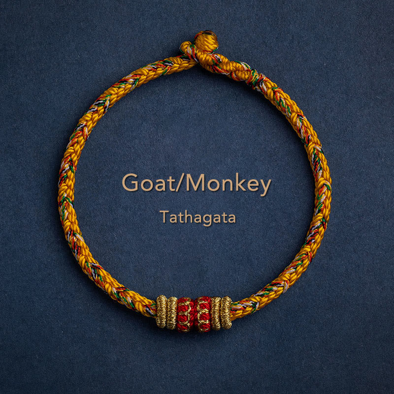 Golden braided cord bracelet for Goat Monkey zodiac with Tathagata Buddha blessing bead, gold and red center charm, adjustable Chinese knot zodiac jewelry