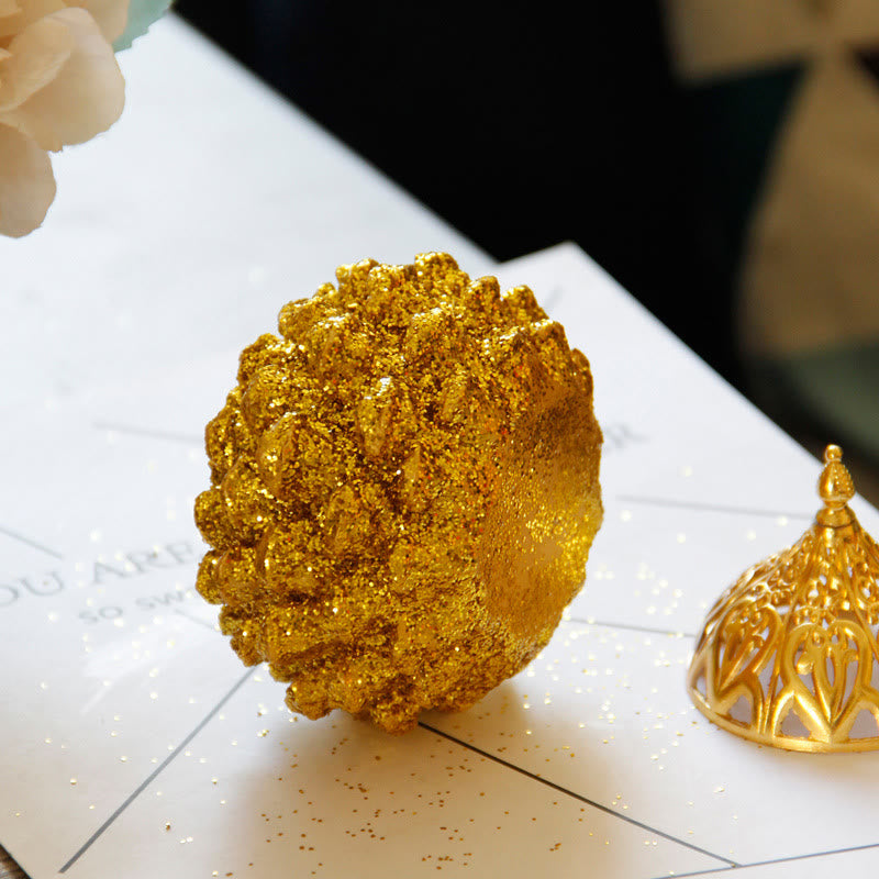 Gold Pine Cone Mini Incense Burner - Pine cone base with detached filigree dome, gold dust, festive decor
