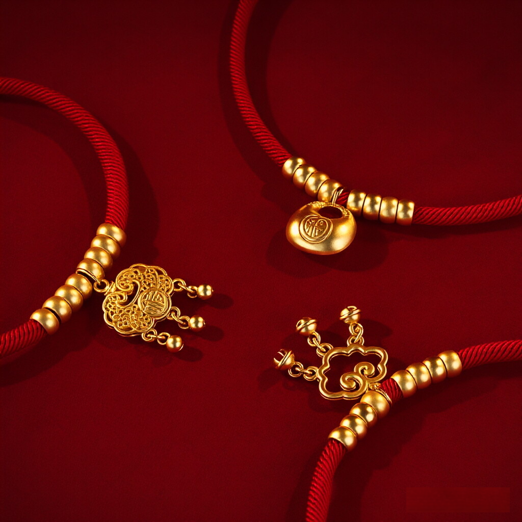 CNY Red Rope Pet Collar – Three red rope collars with longevity lock, fortune bag and ruyi pendants, red