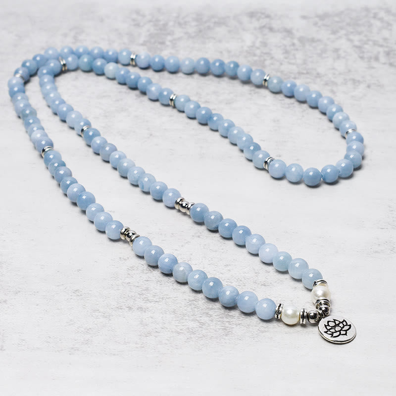 Aquamarine Mala Necklace – long blue bead strand with lotus pendant, serene