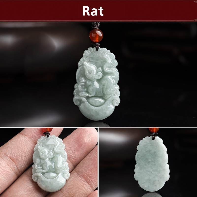 Natural Jade Chinese Zodiac Pendant – Rat relief front and back dark studio, wealth charm