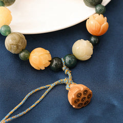 Bodhi Seed Moss Agate Lotus Peace Bracelet - beads by white ceramic, cord tassel, serene