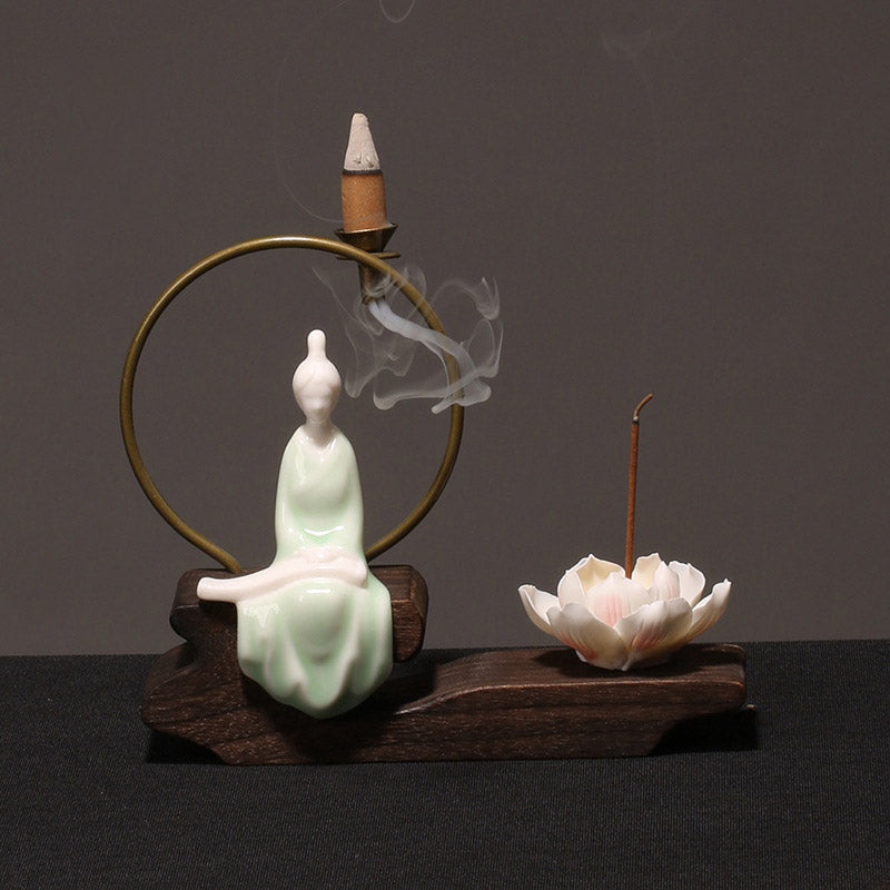 Ceramic Lotus Incense Burner – celadon bowing, smoke to lotus, smooth glaze, wood base, serene