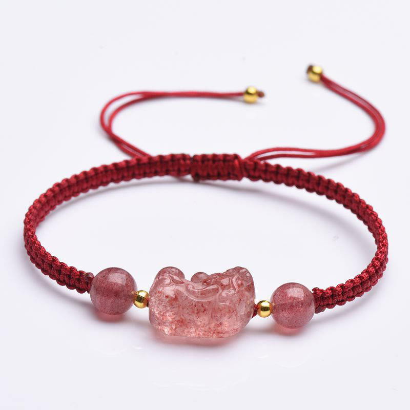 Strawberry Quartz PiXiu Red Bracelet – full bracelet white background, red cord pink quartz PiXiu, love luck