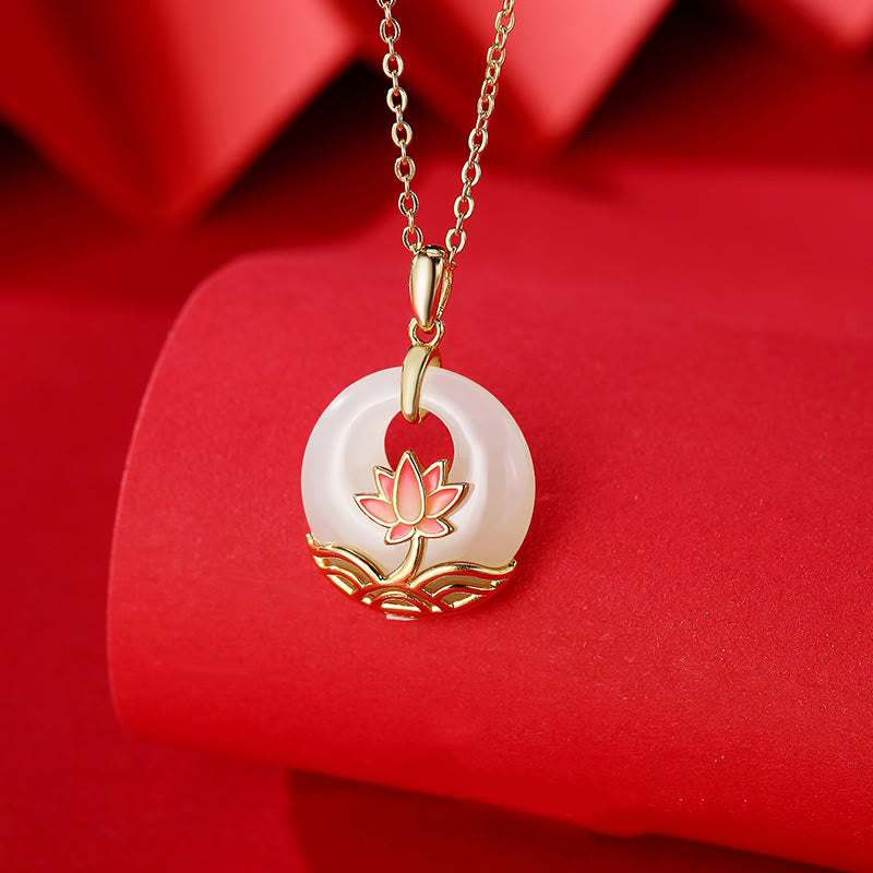Sterling Silver Hetian White Jade Lotus Necklace – white jade lotus pendant on gold chain, luxurious