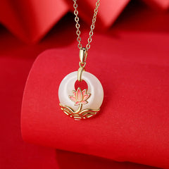 Sterling Silver Hetian White Jade Lotus Necklace – white jade lotus pendant on gold chain, luxurious
