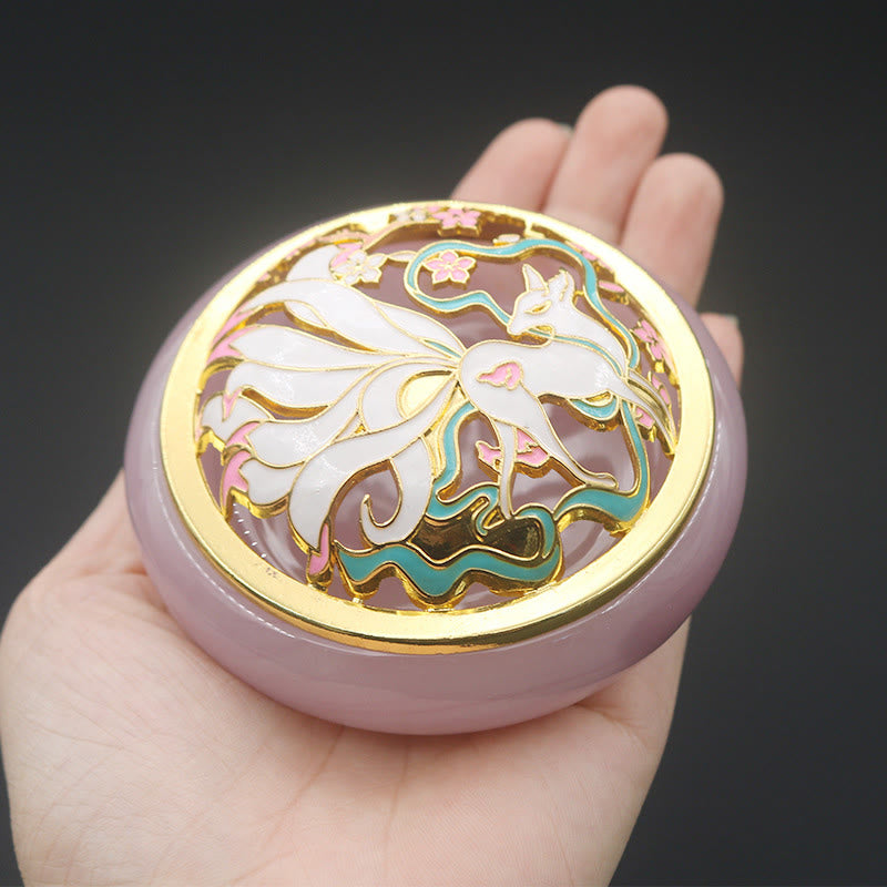 Purple Nine-Tailed Fox Liuli Burner - Held in hand showing nine-tailed fox lid detail, crystal incense holder