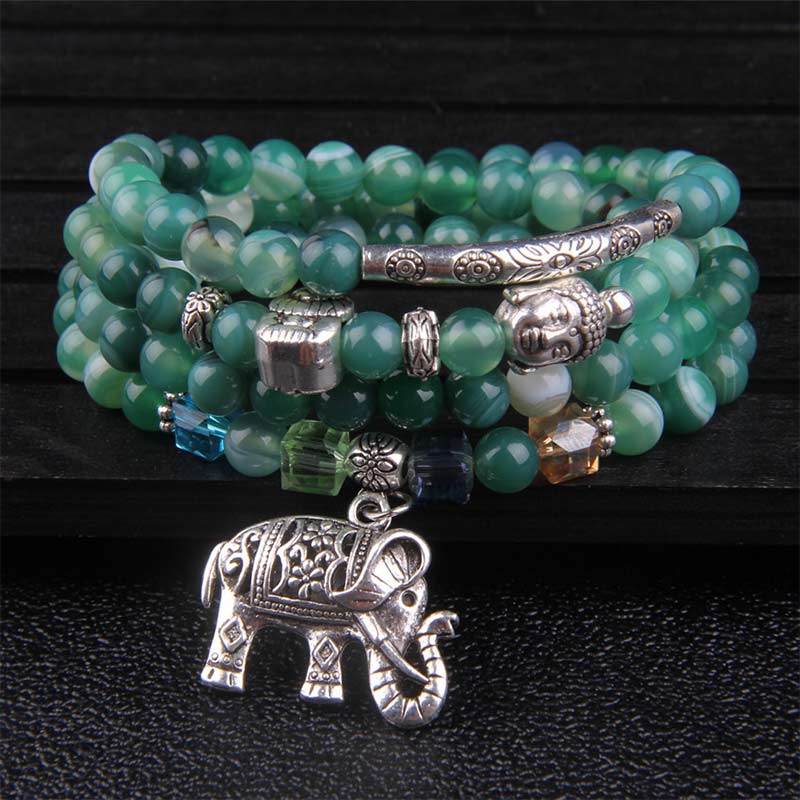 Natural Agate Elephant Buddha Bracelet – green agate stacked beads with elephant charm on wood
