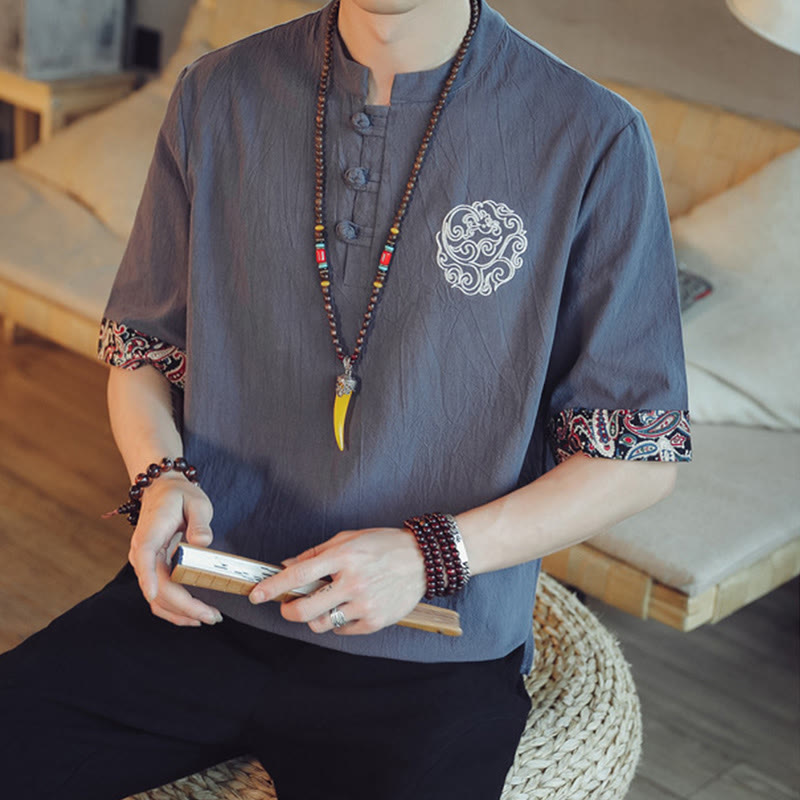Dragon Embroidery Frog-Button Linen Tang Suit Shirt - Gray shirt with white medallion, distinguished