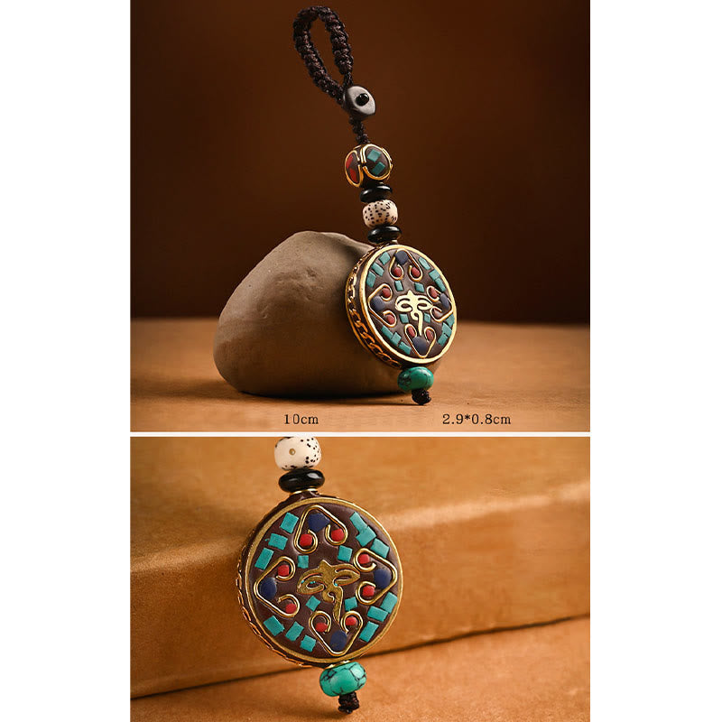 Tibetan Bodhi Seed Peace Key Chain – Om pendant with turquoise coral inlay and evil eye bead, zen accessory