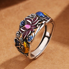 Koi Fish Lotus Ring – 45-degree angle, koi fish swimming around lotus, adjustable gold ring