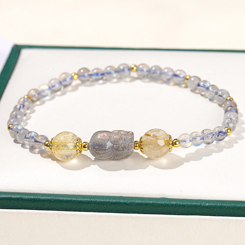 Moonstone Strawberry Quartz Tourmaline Bracelet – Moonstone bead bracelet with clear PiXiu in green box, crystal jewelry