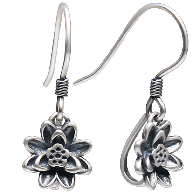 925 Sterling Silver Lotus Flower Enlightenment Earrings white background detail