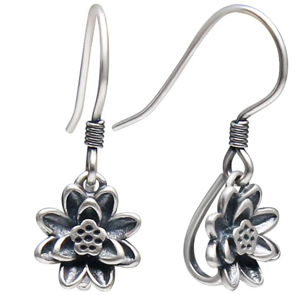 925 Sterling Silver Lotus Flower Enlightenment Earrings white background detail