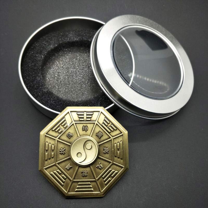 Brass Bagua Amulet - yin-yang and trigram engravings in round metal gift tin, Chinese feng shui pendant