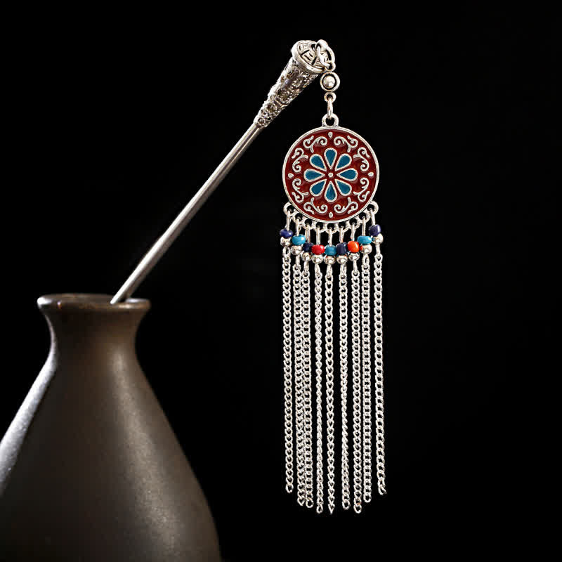 Flowers-Colorful round red enamel flower with multicolor beads