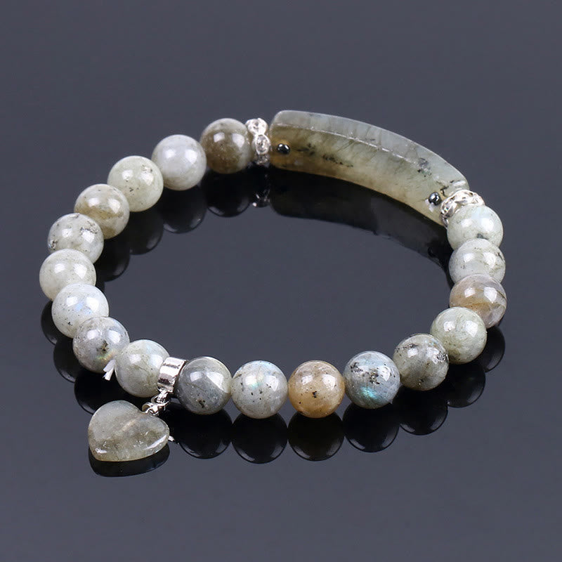 Natural Multi-Stone Love Heart Healing Bracelet - Labradorite variant with gray beads showing iridescent blue and golden labradorescence flashes, curved bar, and heart charm