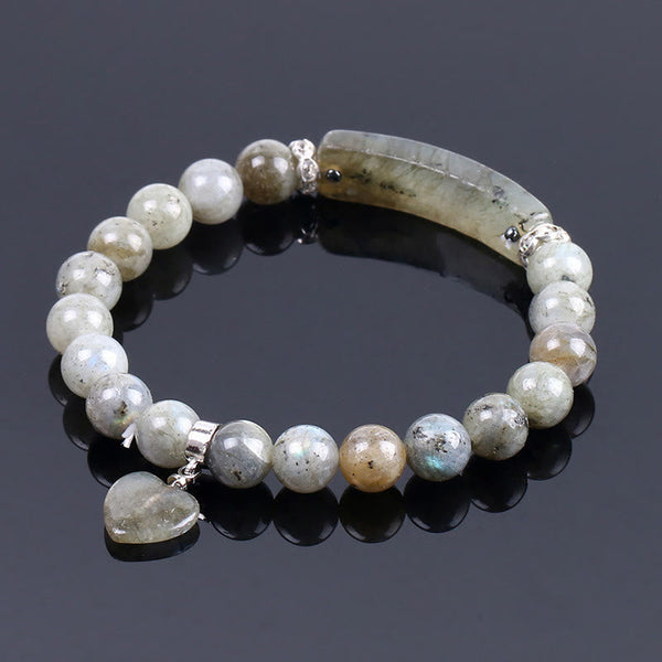 Natural Multi-Stone Love Heart Healing Bracelet - Labradorite variant with gray beads showing iridescent blue and golden labradorescence flashes, curved bar, and heart charm