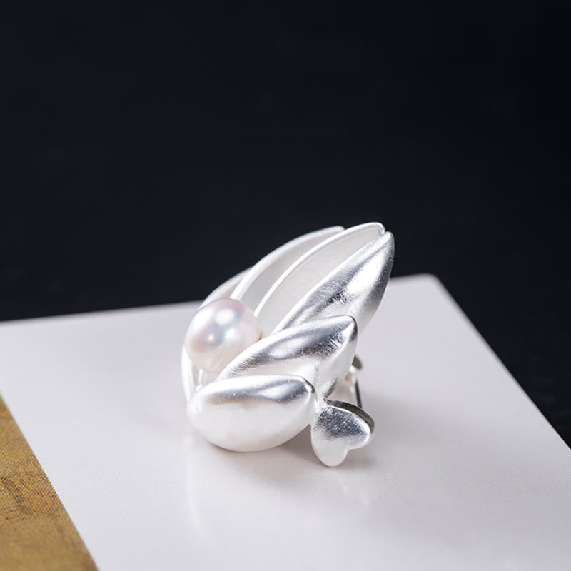 Silver Lotus Pearl Brooch – Silver leaf ring with pearl, Botanical design