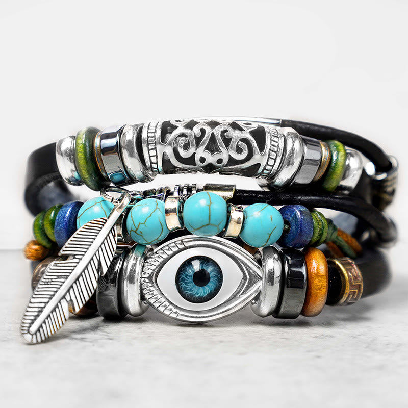 Tibetan Turquoise Evil Eye Bracelet – black leather and turquoise beads with silver evil eye charm and feather pendant