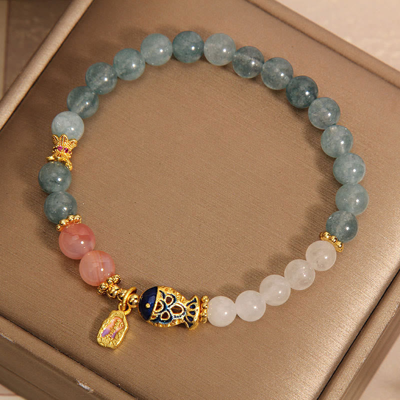 Jade Agate Koi Scripture Bracelet – worn on wrist displaying mixed jade agate koi bead combination