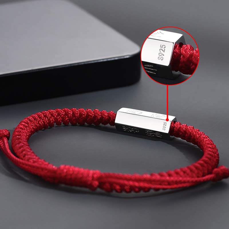 925 Sterling Silver Letter Blessing String Bracelet – Red cord with S925 sterling silver engraved bar showing hallmark detail and adjustable knot closure