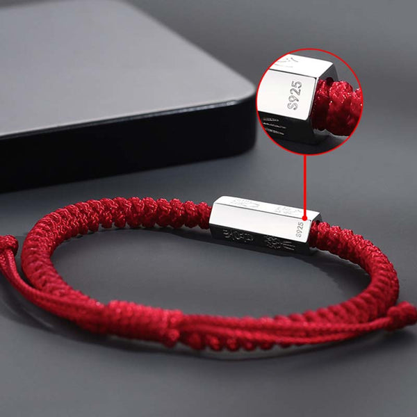 925 Sterling Silver Letter Blessing String Bracelet – Red cord with S925 sterling silver engraved bar showing hallmark detail and adjustable knot closure