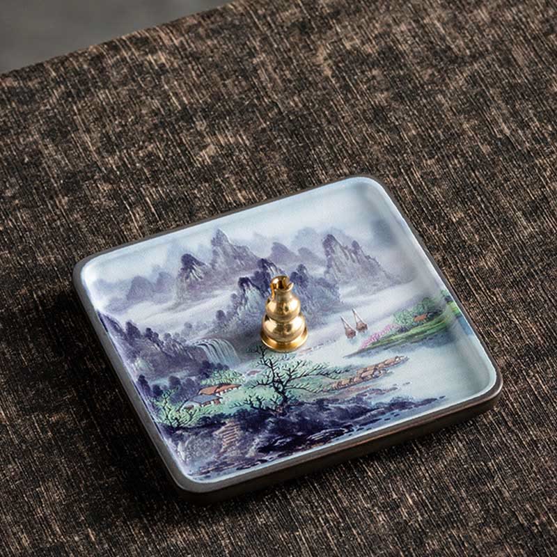 Painted Ceramic Incense Burner – Colorful mountain waterfall landscape with brass holder on rustic fabric
