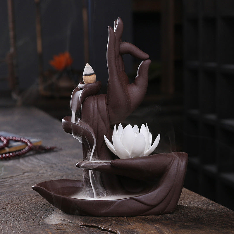 Tibetan Lotus Incense Burner – White lotus bloom macro close-up with smoke, meditation decor