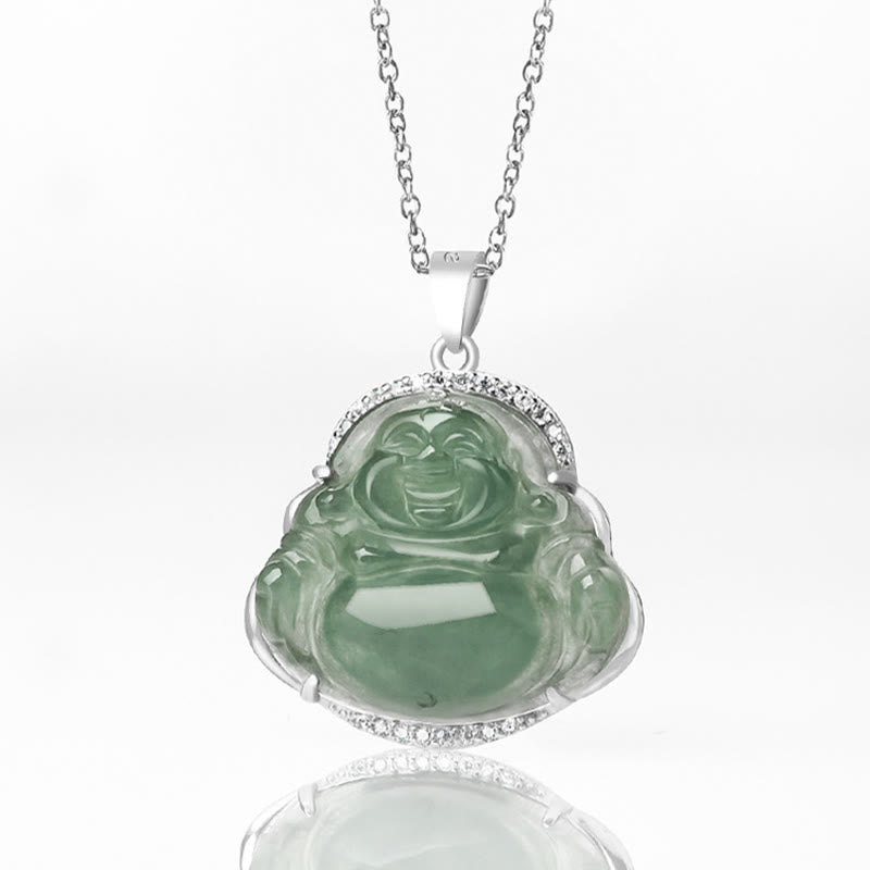 Laughing Buddha Natural Jade Luck Prosperity Necklace Titanium Steel Pendant – Green gemstone Buddha prosperity