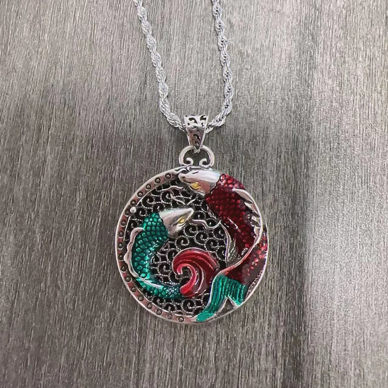 Tibetan Copper Koi Fish Healing Necklace – close-up koi fish carving, intricate scale texture